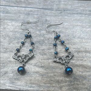Chandelier Silver and Blue Earrings with Beaded Design